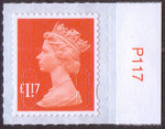 £1.17 u/m orange-red M17L machin stamp no source code plain backing paper SG U2937 with value tab