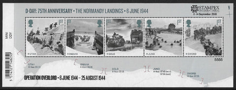 D-Day 75th Anniversary The Normandy Landings u/m mnh stamp miniature sheet overprinted STAMPEX Limited Edition.