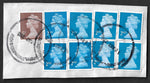 GB 2nd class machin stamps x 8 and 5p machin used on small piece.