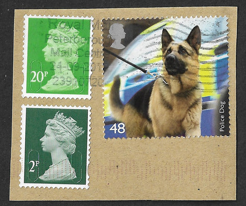 GB 2008 Working Dogs 48p stamp with 20p and 2p stamps used on piece